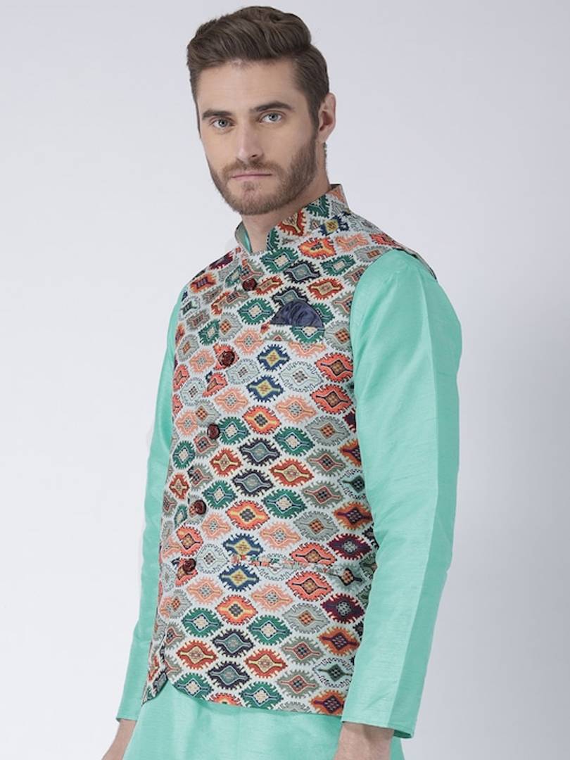 Men's Multicoloured 
Cotton Blend
 Printed Nehru Jackets